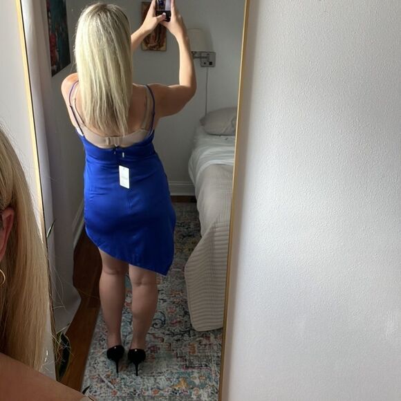 Bardot Dress Womens Large Blue Spaghetti Strap Asymmetric Hem Minidress - Picture 4 of 8